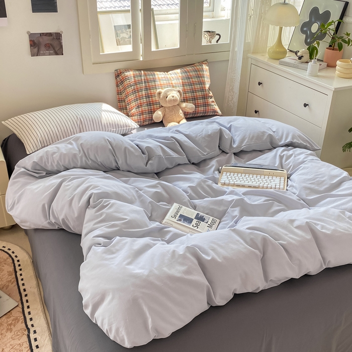 91家纺网 家纺一手货源 找家纺 繁花家居 2025新款高克重水洗棉云朵棉条纹撞色系列四件套 月光灰