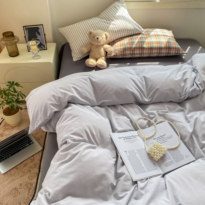 91家纺网 家纺一手货源 找家纺 繁花家居 2025新款高克重水洗棉云朵棉条纹撞色系列四件套 月光灰