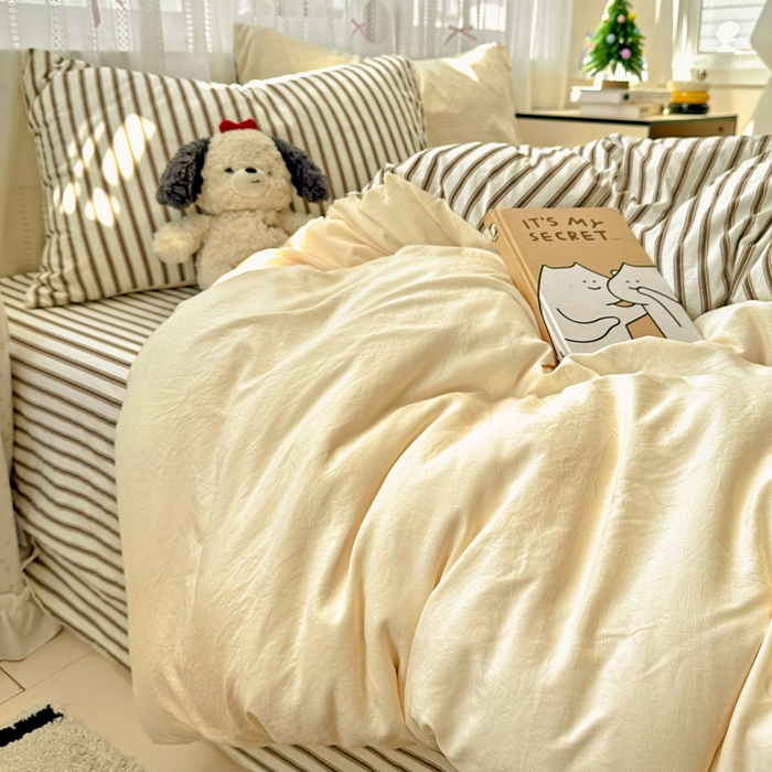 91家纺网 家纺一手货源 找家纺 （总）繁花家居 2025新款高克重水洗棉云朵棉条纹撞色系列四件套