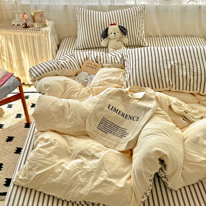 91家纺网 家纺一手货源 找家纺 （总）繁花家居 2025新款高克重水洗棉云朵棉条纹撞色系列四件套