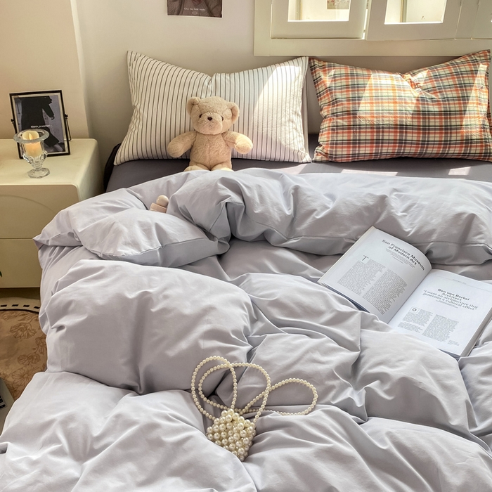 繁花家居 2025新款高克重水洗棉云朵棉条纹撞色系列四件套 月光灰