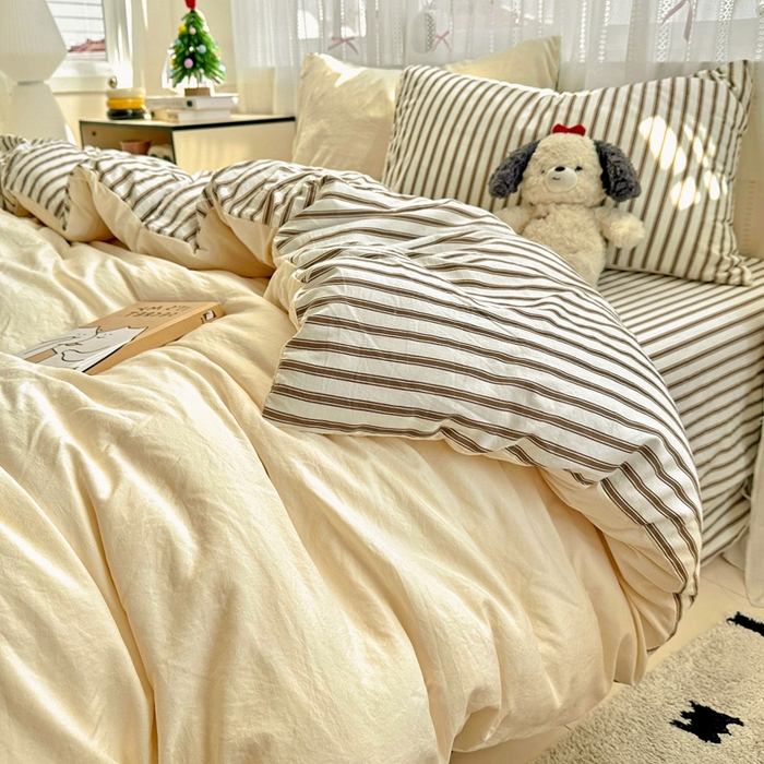 91家纺网 家纺一手货源 找家纺 （总）繁花家居 2025新款高克重水洗棉云朵棉条纹撞色系列四件套