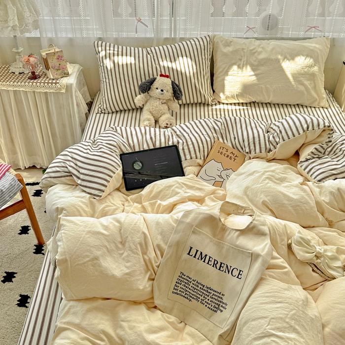 91家纺网 家纺一手货源 找家纺 （总）繁花家居 2025新款高克重水洗棉云朵棉条纹撞色系列四件套