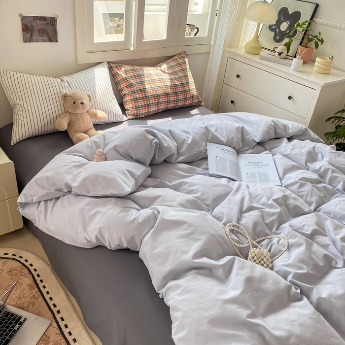 91家纺网 家纺一手货源 找家纺 繁花家居 2025新款高克重水洗棉云朵棉条纹撞色系列四件套 月光灰