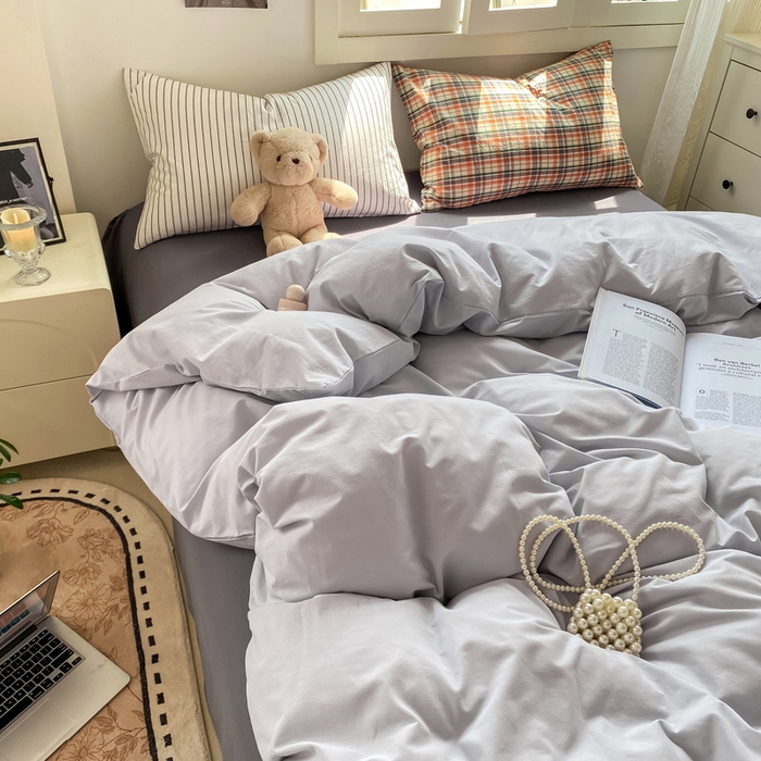 91家纺网 家纺一手货源 找家纺 繁花家居 2025新款高克重水洗棉云朵棉条纹撞色系列四件套 月光灰