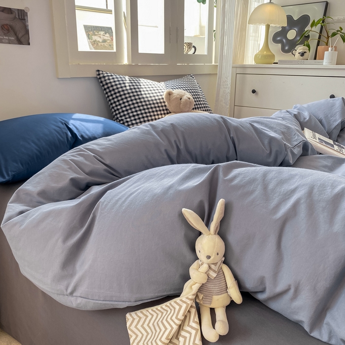 91家纺网 家纺一手货源 找家纺 繁花家居 2025新款高克重水洗棉云朵棉条纹撞色系列四件套 雾霾灰