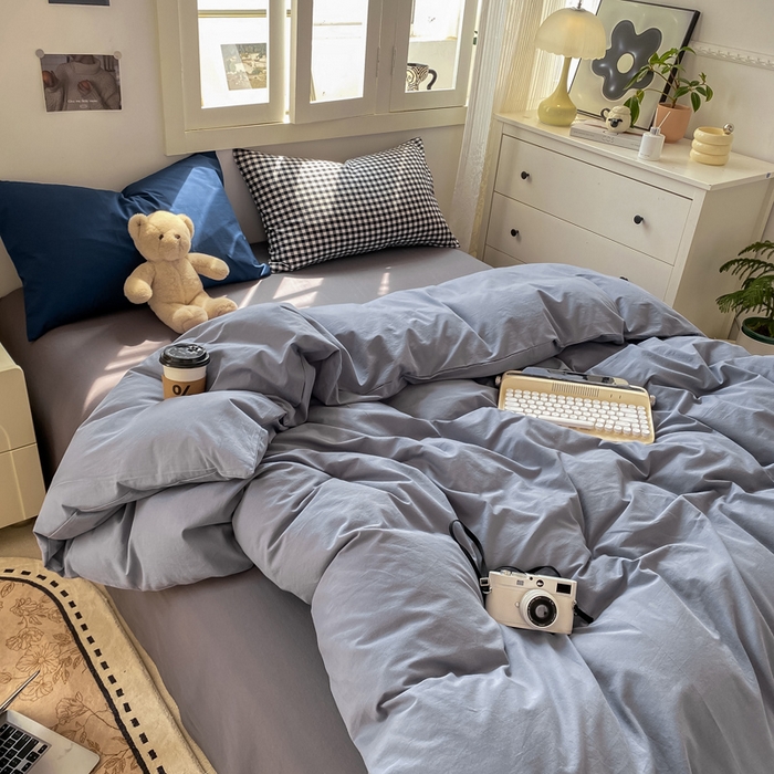 91家纺网 家纺一手货源 找家纺 繁花家居 2025新款高克重水洗棉云朵棉条纹撞色系列四件套 雾霾灰