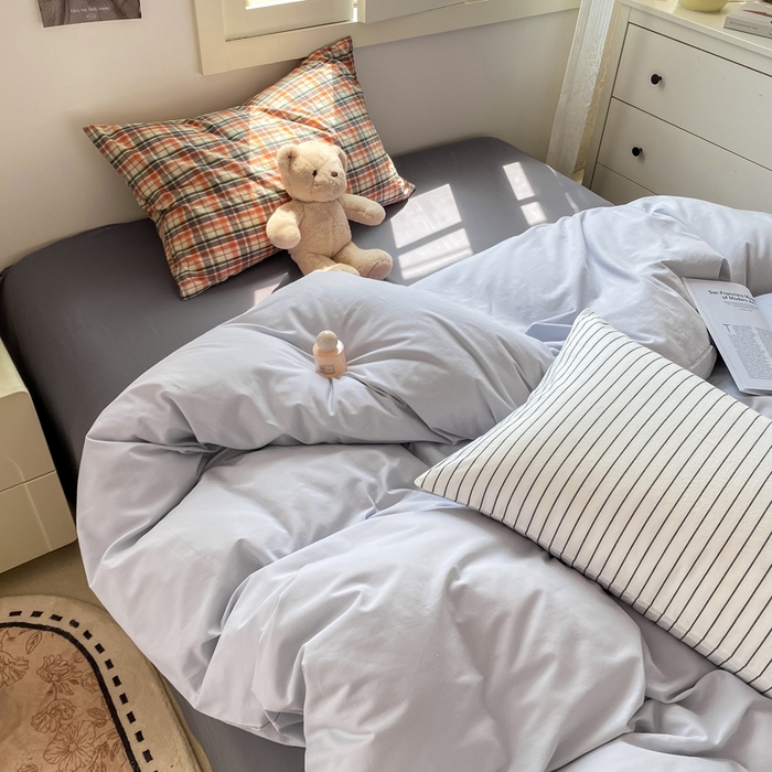 91家纺网 家纺一手货源 找家纺 繁花家居 2025新款高克重水洗棉云朵棉条纹撞色系列四件套 月光灰