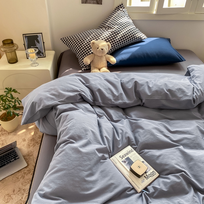 91家纺网 家纺一手货源 找家纺 繁花家居 2025新款高克重水洗棉云朵棉条纹撞色系列四件套 雾霾灰