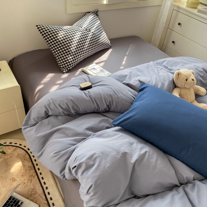 91家纺网 家纺一手货源 找家纺 繁花家居 2025新款高克重水洗棉云朵棉条纹撞色系列四件套 雾霾灰