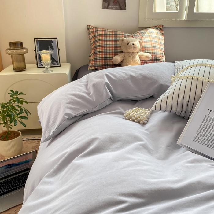 91家纺网 家纺一手货源 找家纺 繁花家居 2025新款高克重水洗棉云朵棉条纹撞色系列四件套 月光灰