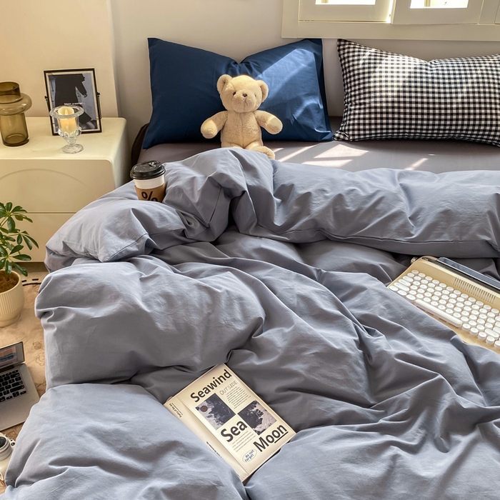 繁花家居 2025新款高克重水洗棉云朵棉条纹撞色系列四件套 雾霾灰