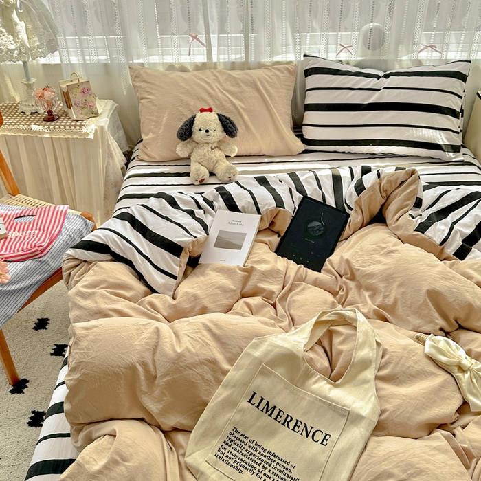 91家纺网 家纺一手货源 找家纺 （总）繁花家居 2025新款高克重水洗棉云朵棉条纹撞色系列四件套