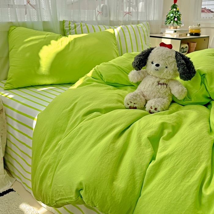 91家纺网 家纺一手货源 找家纺 繁花家居 2025新款高克重水洗棉云朵棉条纹撞色系列四件套 天空蓝+蓝条