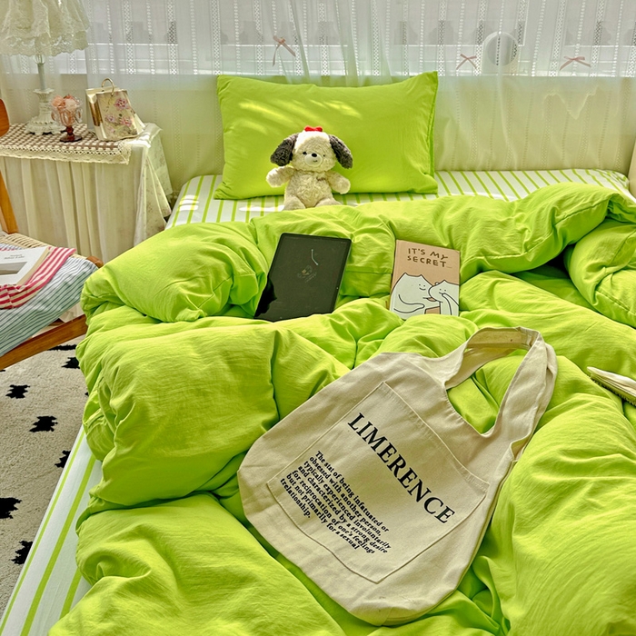 91家纺网 家纺一手货源 找家纺 繁花家居 2025新款高克重水洗棉云朵棉条纹撞色系列四件套 天空蓝+蓝条