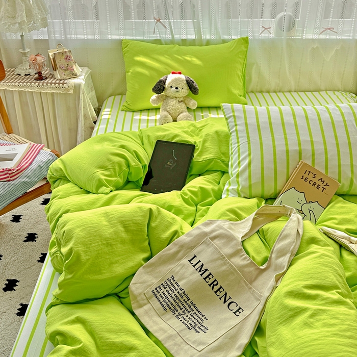 91家纺网 家纺一手货源 找家纺 繁花家居 2025新款高克重水洗棉云朵棉条纹撞色系列四件套 天空蓝+蓝条