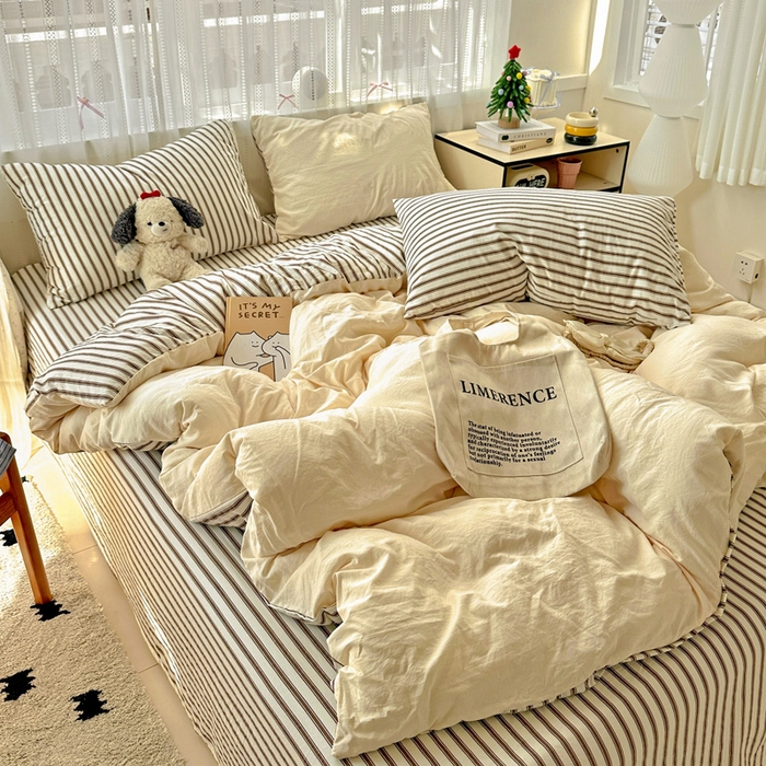 91家纺网 家纺一手货源 找家纺 繁花家居 2025新款高克重水洗棉云朵棉条纹撞色系列四件套 可可白+咖条