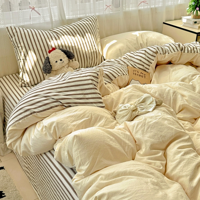 91家纺网 家纺一手货源 找家纺 繁花家居 2025新款高克重水洗棉云朵棉条纹撞色系列四件套 可可白+咖条