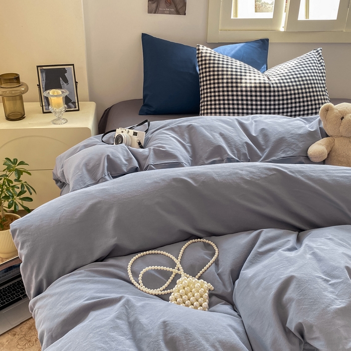 91家纺网 家纺一手货源 找家纺 繁花家居 2025新款高克重水洗棉云朵棉条纹撞色系列四件套 雾霾灰