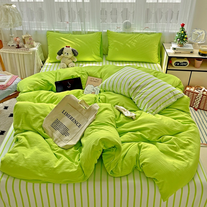 91家纺网 家纺一手货源 找家纺 繁花家居 2025新款高克重水洗棉云朵棉条纹撞色系列四件套 天空蓝+蓝条