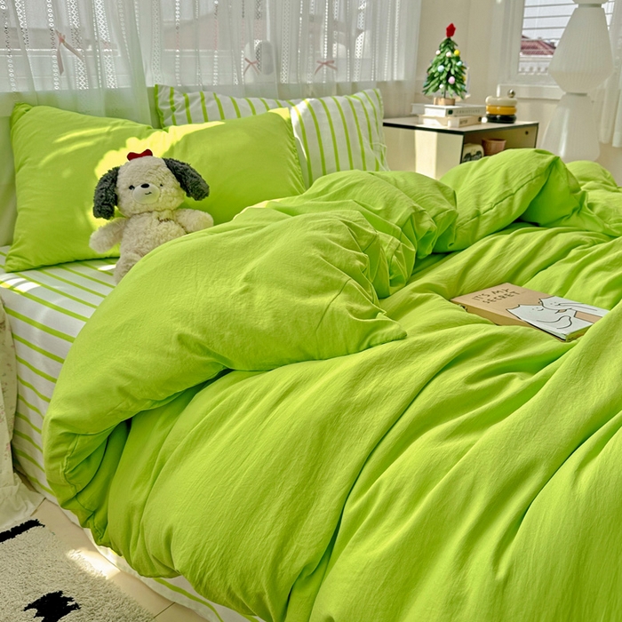 91家纺网 家纺一手货源 找家纺 繁花家居 2025新款高克重水洗棉云朵棉条纹撞色系列四件套 天空蓝+蓝条