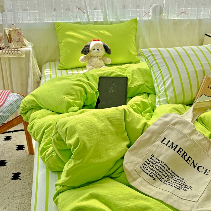 91家纺网 家纺一手货源 找家纺 繁花家居 2025新款高克重水洗棉云朵棉条纹撞色系列四件套 天空蓝+蓝条