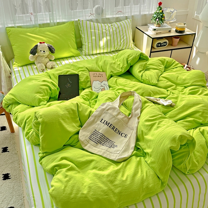 91家纺网 家纺一手货源 找家纺 繁花家居 2025新款高克重水洗棉云朵棉条纹撞色系列四件套 天空蓝+蓝条