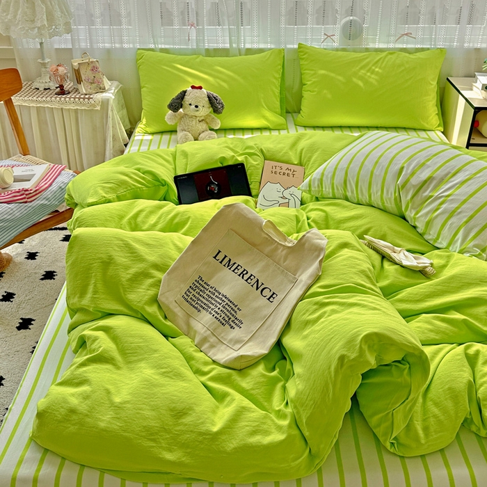 91家纺网 家纺一手货源 找家纺 繁花家居 2025新款高克重水洗棉云朵棉条纹撞色系列四件套 天空蓝+蓝条