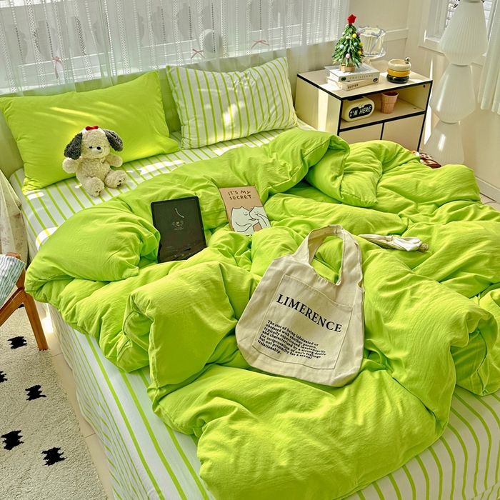 91家纺网 家纺一手货源 找家纺 繁花家居 2025新款高克重水洗棉云朵棉条纹撞色系列四件套 天空蓝+蓝条