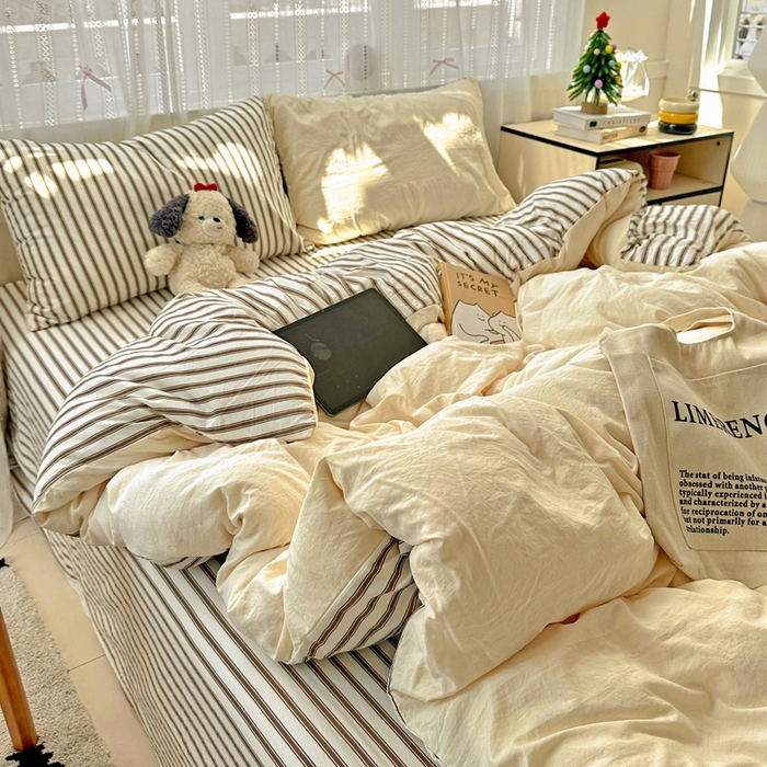 91家纺网 家纺一手货源 找家纺 繁花家居 2025新款高克重水洗棉云朵棉条纹撞色系列四件套 可可白+咖条