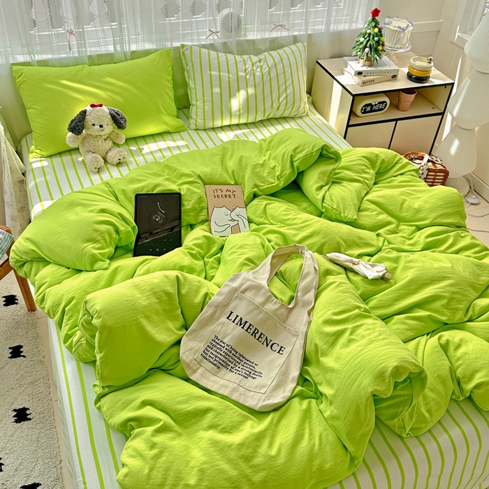 91家纺网 家纺一手货源 找家纺 繁花家居 2025新款高克重水洗棉云朵棉条纹撞色系列四件套 天空蓝+蓝条