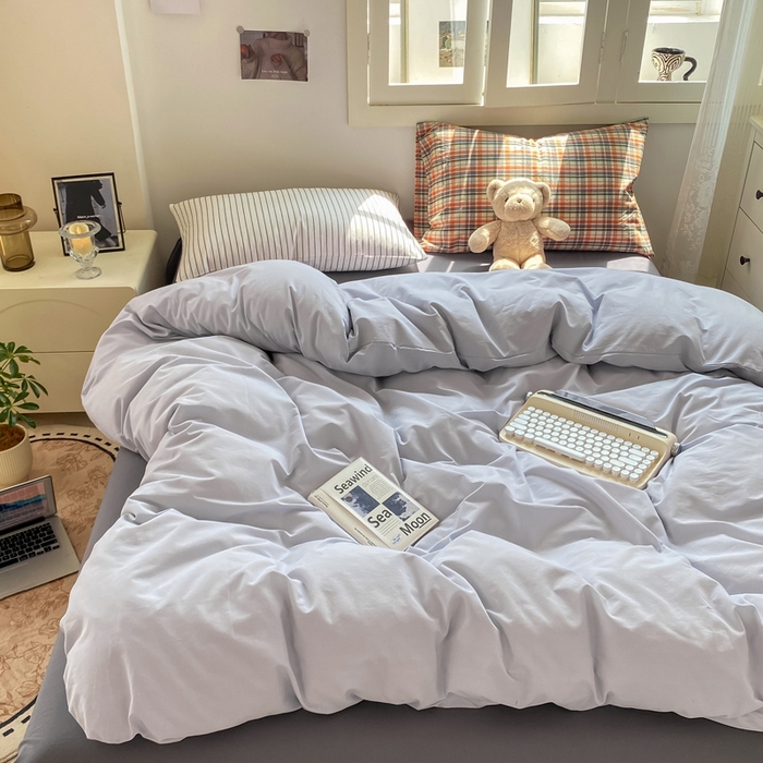 91家纺网 家纺一手货源 找家纺 繁花家居 2025新款高克重水洗棉云朵棉条纹撞色系列四件套 月光灰