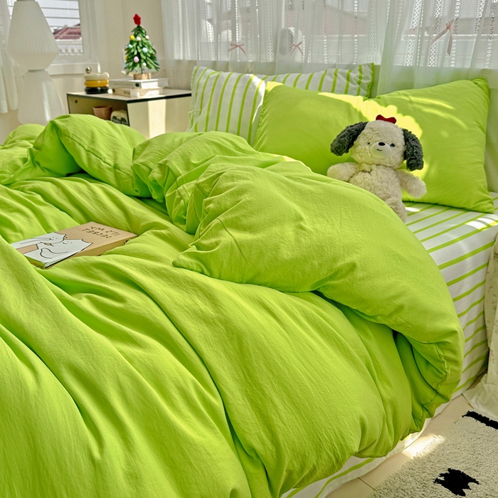 91家纺网 家纺一手货源 找家纺 繁花家居 2025新款高克重水洗棉云朵棉条纹撞色系列四件套 天空蓝+蓝条