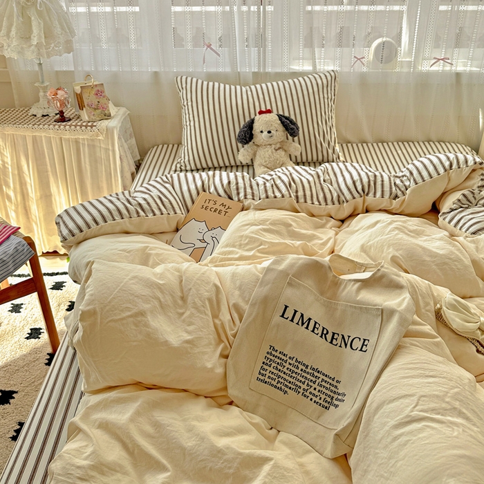 繁花家居 2025新款高克重水洗棉云朵棉条纹撞色系列四件套 可可白+咖条