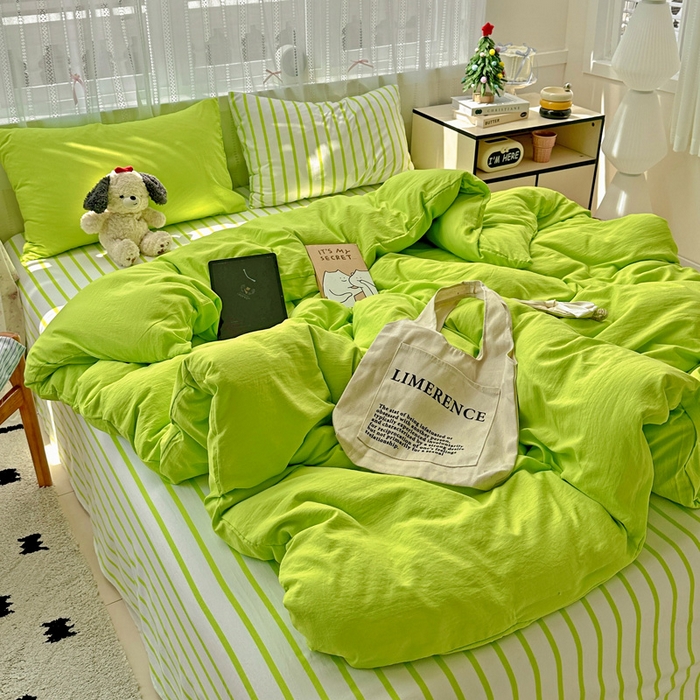 91家纺网 家纺一手货源 找家纺 繁花家居 2025新款高克重水洗棉云朵棉条纹撞色系列四件套 天空蓝+蓝条