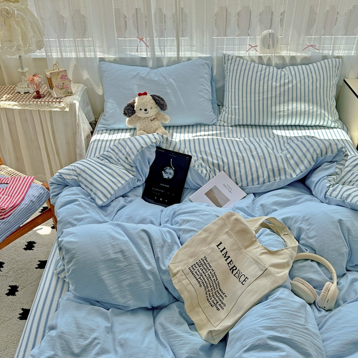繁花家居 2025新款高克重水洗棉云朵棉条纹撞色系列四件套 天空蓝+蓝条