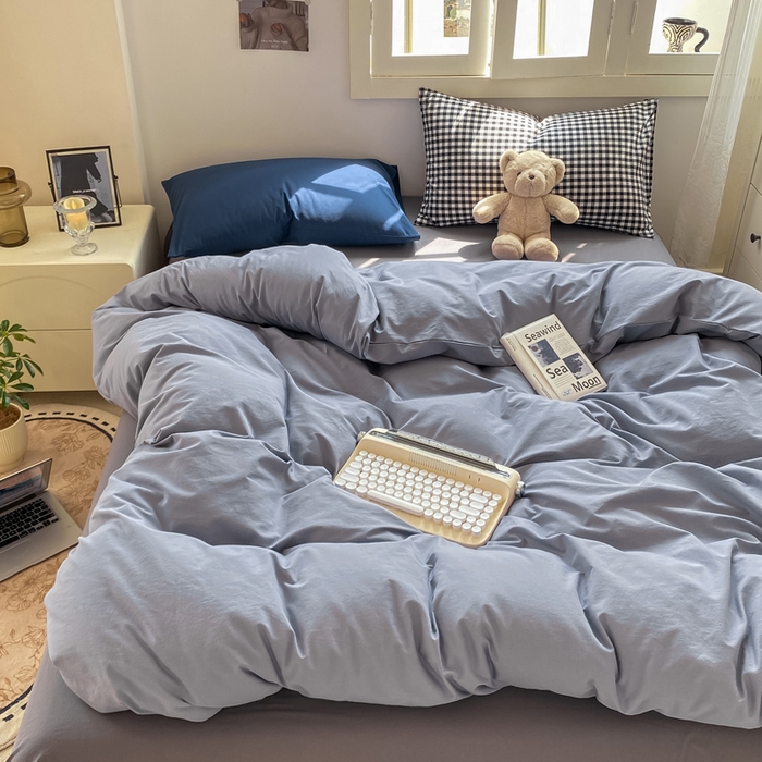 91家纺网 家纺一手货源 找家纺 繁花家居 2025新款高克重水洗棉云朵棉条纹撞色系列四件套 雾霾灰