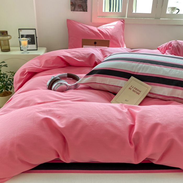 91家纺网 家纺一手货源 找家纺 繁花家居 2025新款高克重水洗棉云朵棉条纹撞色系列四件套 天空蓝+蓝条