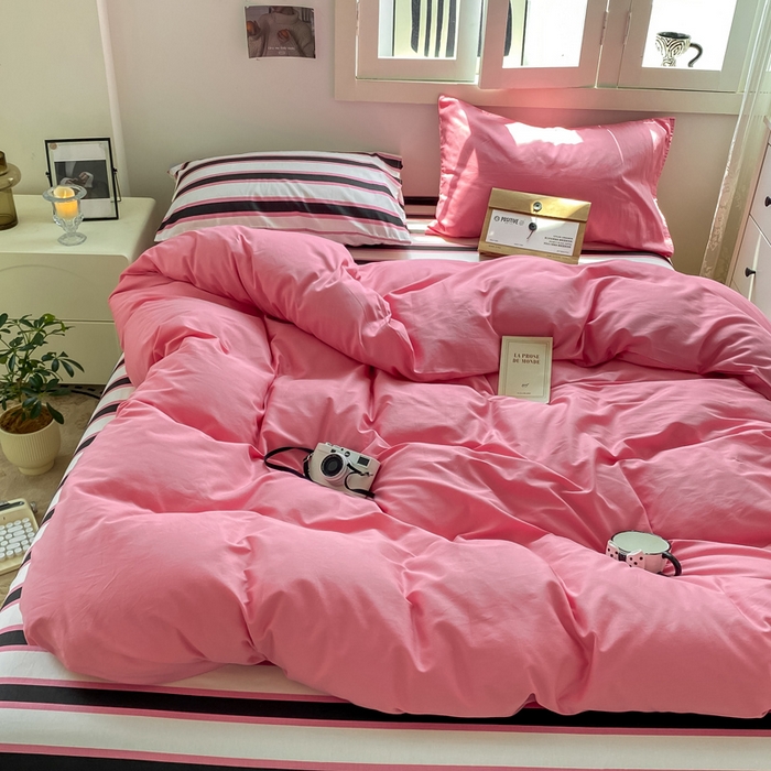 91家纺网 家纺一手货源 找家纺 繁花家居 2025新款高克重水洗棉云朵棉条纹撞色系列四件套 天空蓝+蓝条