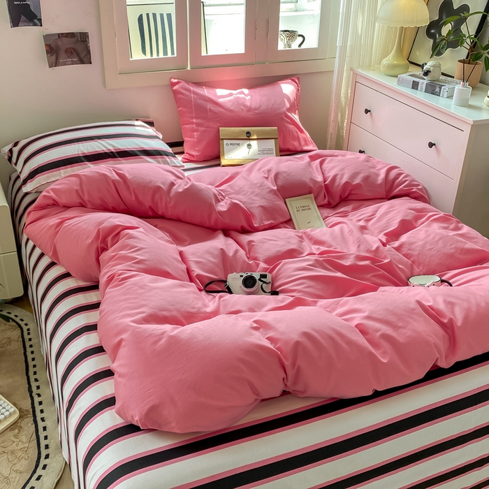 91家纺网 家纺一手货源 找家纺 繁花家居 2025新款高克重水洗棉云朵棉条纹撞色系列四件套 天空蓝+蓝条