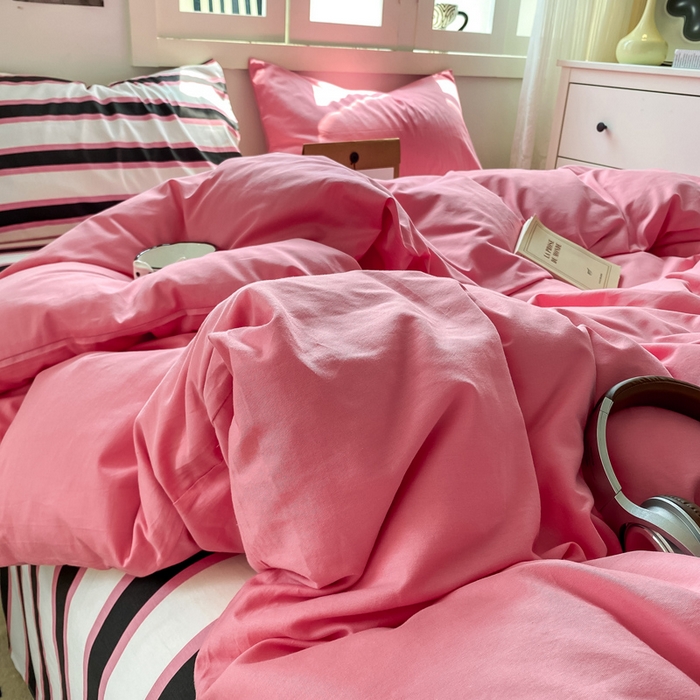 91家纺网 家纺一手货源 找家纺 繁花家居 2025新款高克重水洗棉云朵棉条纹撞色系列四件套 天空蓝+蓝条