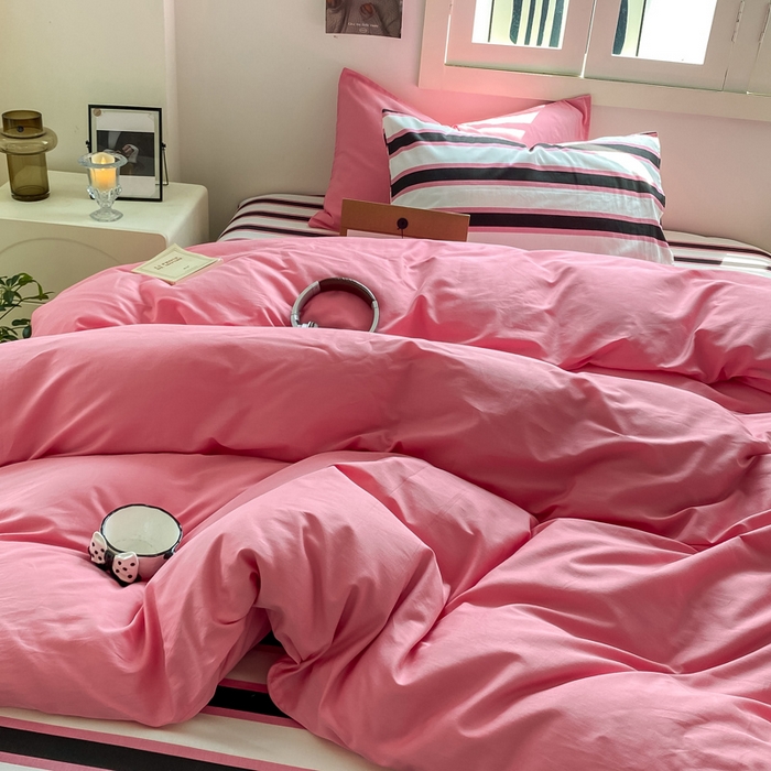 91家纺网 家纺一手货源 找家纺 繁花家居 2025新款高克重水洗棉云朵棉条纹撞色系列四件套 天空蓝+蓝条