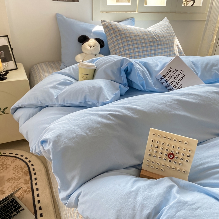 91家纺网 家纺一手货源 找家纺 繁花家居 2025新款高克重水洗棉云朵棉条纹撞色系列四件套 可可白+咖条