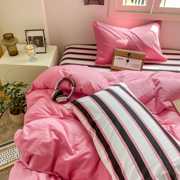 91家纺网 家纺一手货源 找家纺 繁花家居 2025新款高克重水洗棉云朵棉条纹撞色系列四件套 天空蓝+蓝条