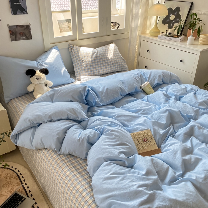 91家纺网 家纺一手货源 找家纺 繁花家居 2025新款高克重水洗棉云朵棉条纹撞色系列四件套 可可白+咖条