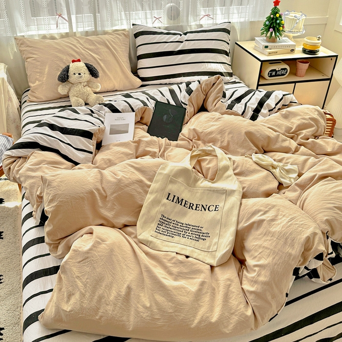 91家纺网 家纺一手货源 找家纺 繁花家居 2025新款高克重水洗棉云朵棉条纹撞色系列四件套 天空蓝+蓝条