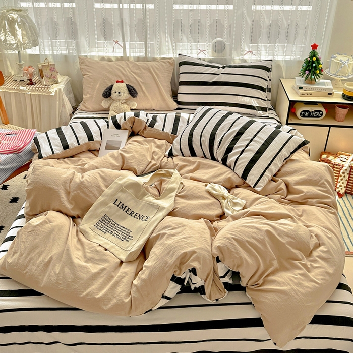 91家纺网 家纺一手货源 找家纺 繁花家居 2025新款高克重水洗棉云朵棉条纹撞色系列四件套 天空蓝+蓝条