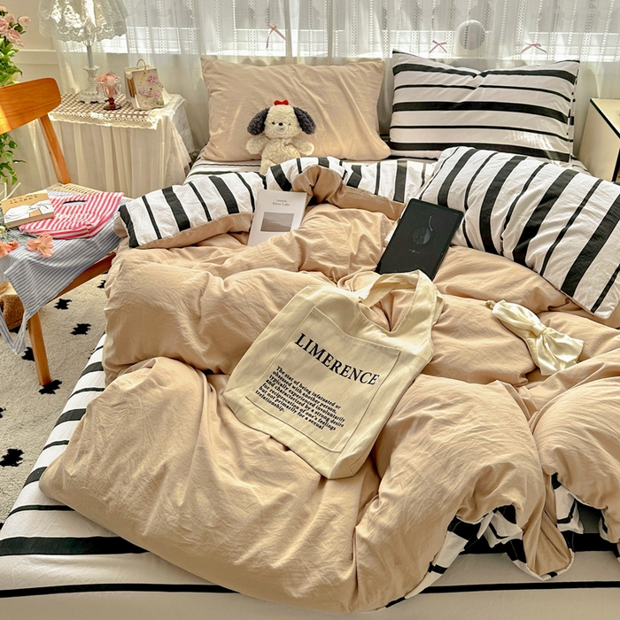 91家纺网 家纺一手货源 找家纺 繁花家居 2025新款高克重水洗棉云朵棉条纹撞色系列四件套 天空蓝+蓝条