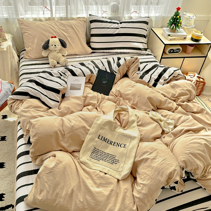 91家纺网 家纺一手货源 找家纺 繁花家居 2025新款高克重水洗棉云朵棉条纹撞色系列四件套 天空蓝+蓝条