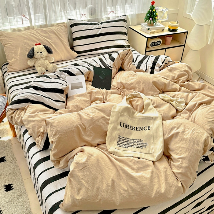 91家纺网 家纺一手货源 找家纺 繁花家居 2025新款高克重水洗棉云朵棉条纹撞色系列四件套 天空蓝+蓝条